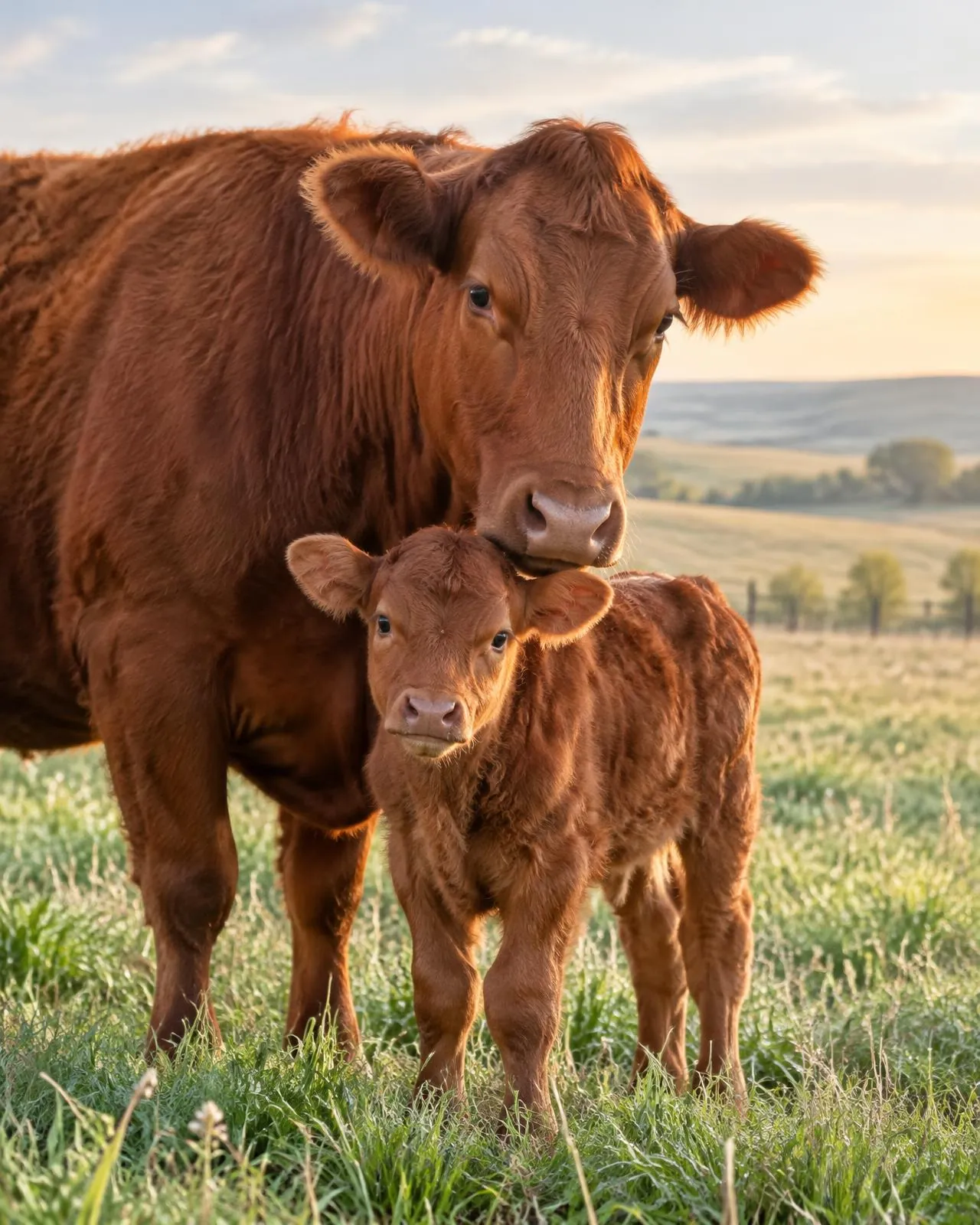 A newborn Red Angus calf standing beside its mother in spring pasture