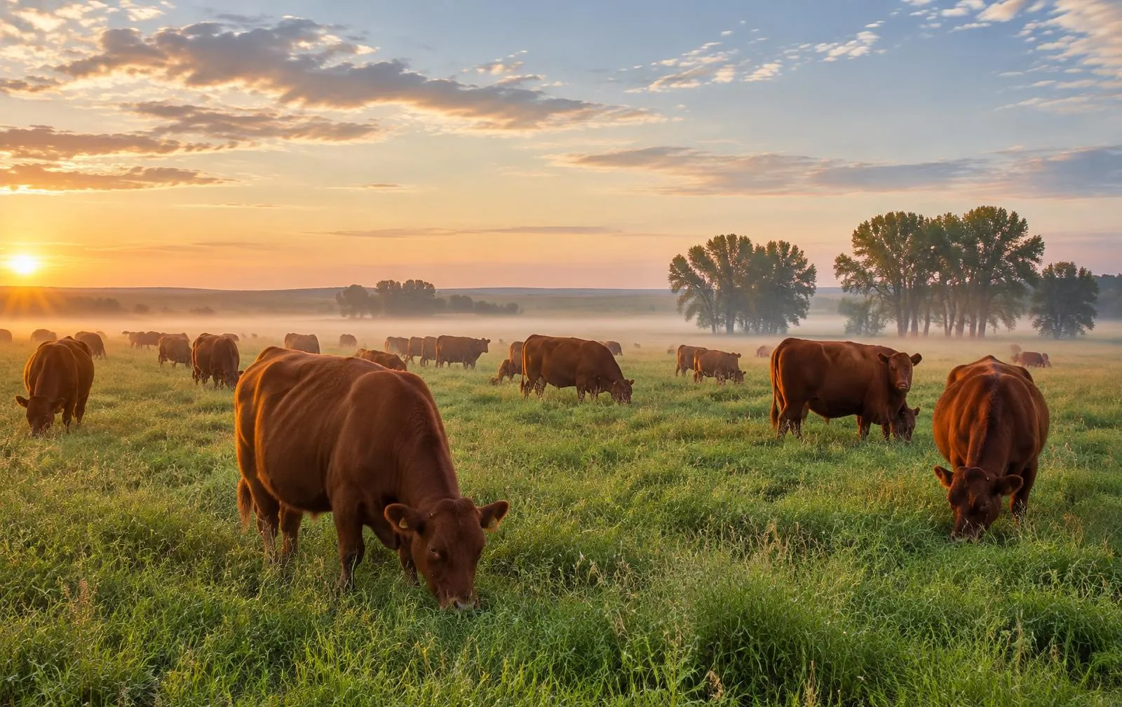 A herd of Red Angus cattle grazing on misty Nebraska pasture at sunrise