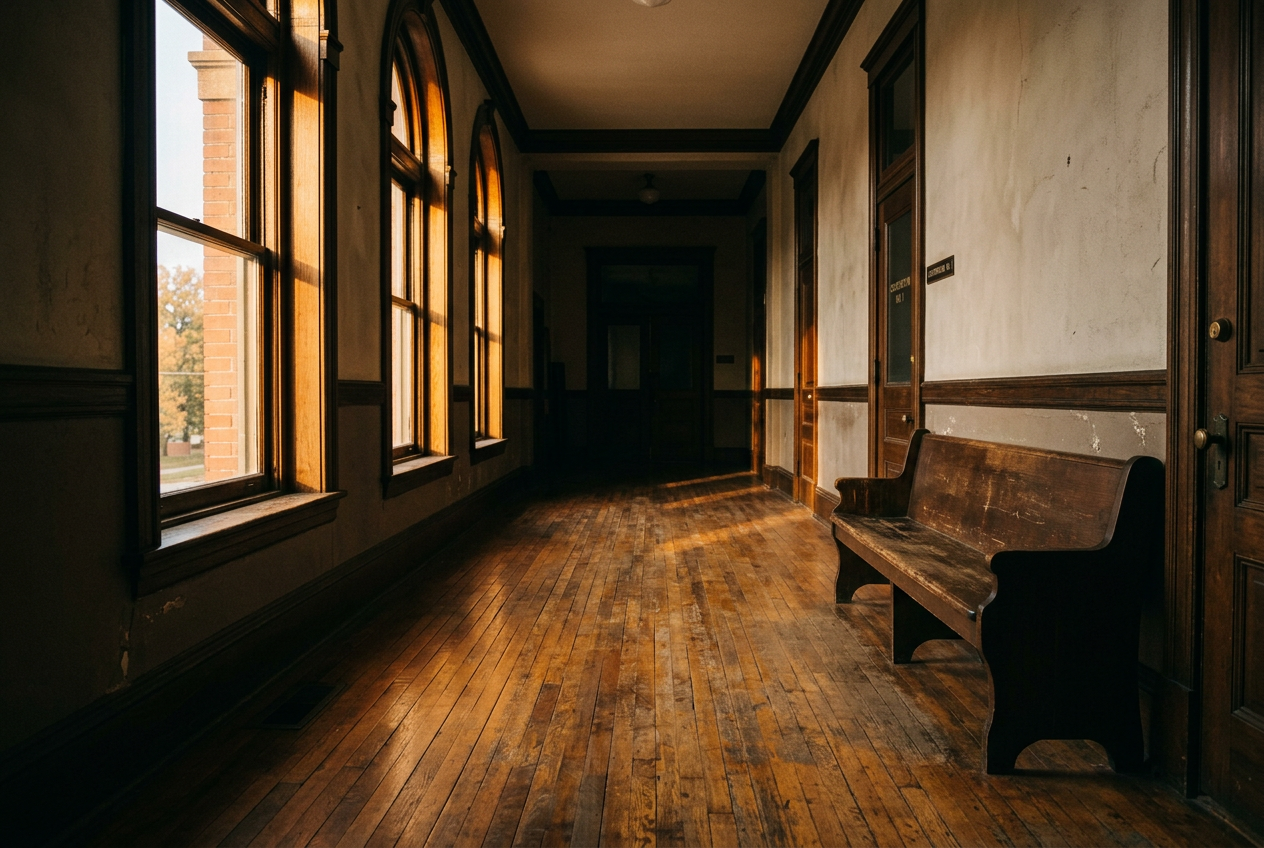 Late afternoon light through tall windows in a small Nebraska courthouse hallway.