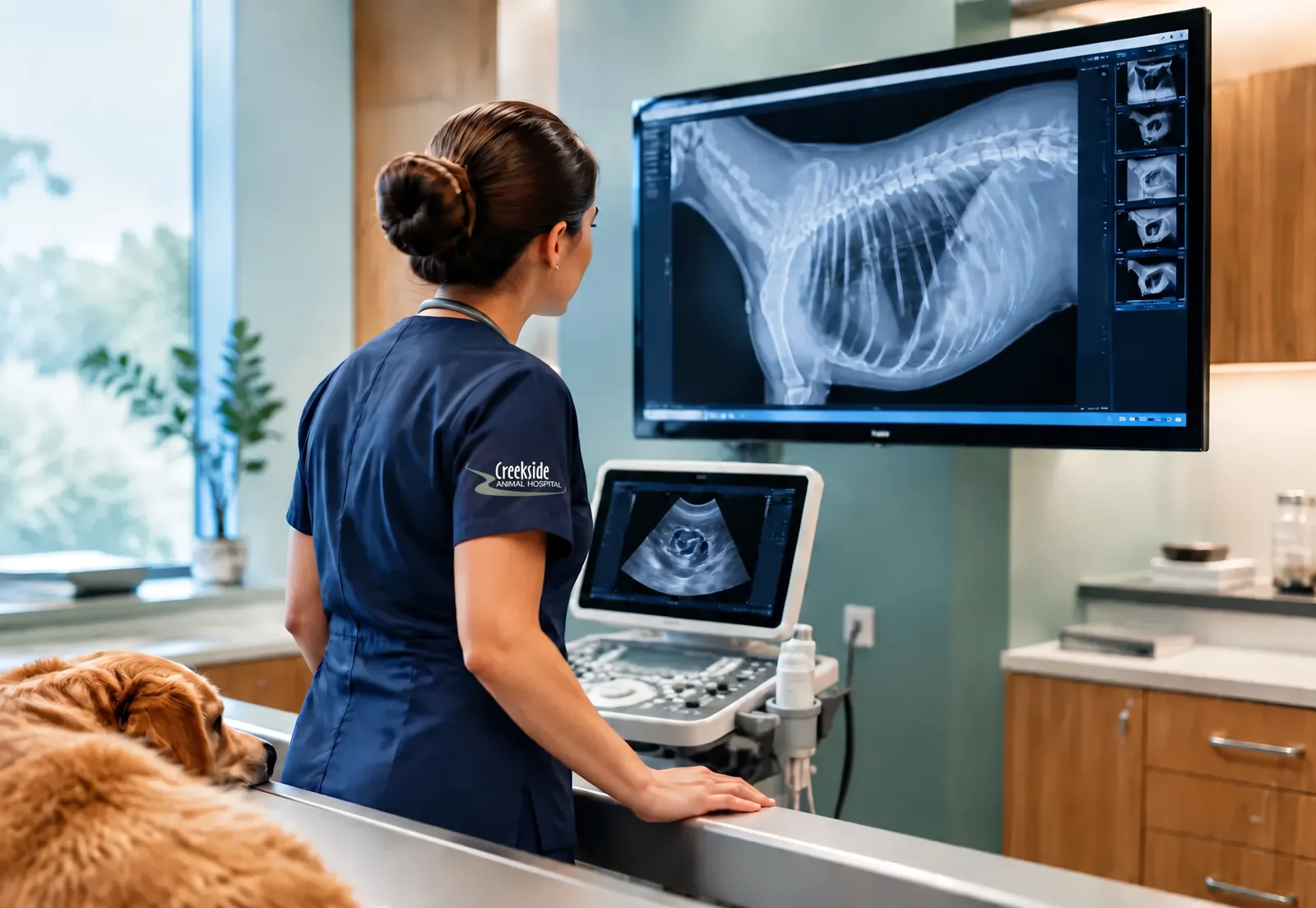 A veterinarian reviewing a digital chest X-ray beside an ultrasound unit