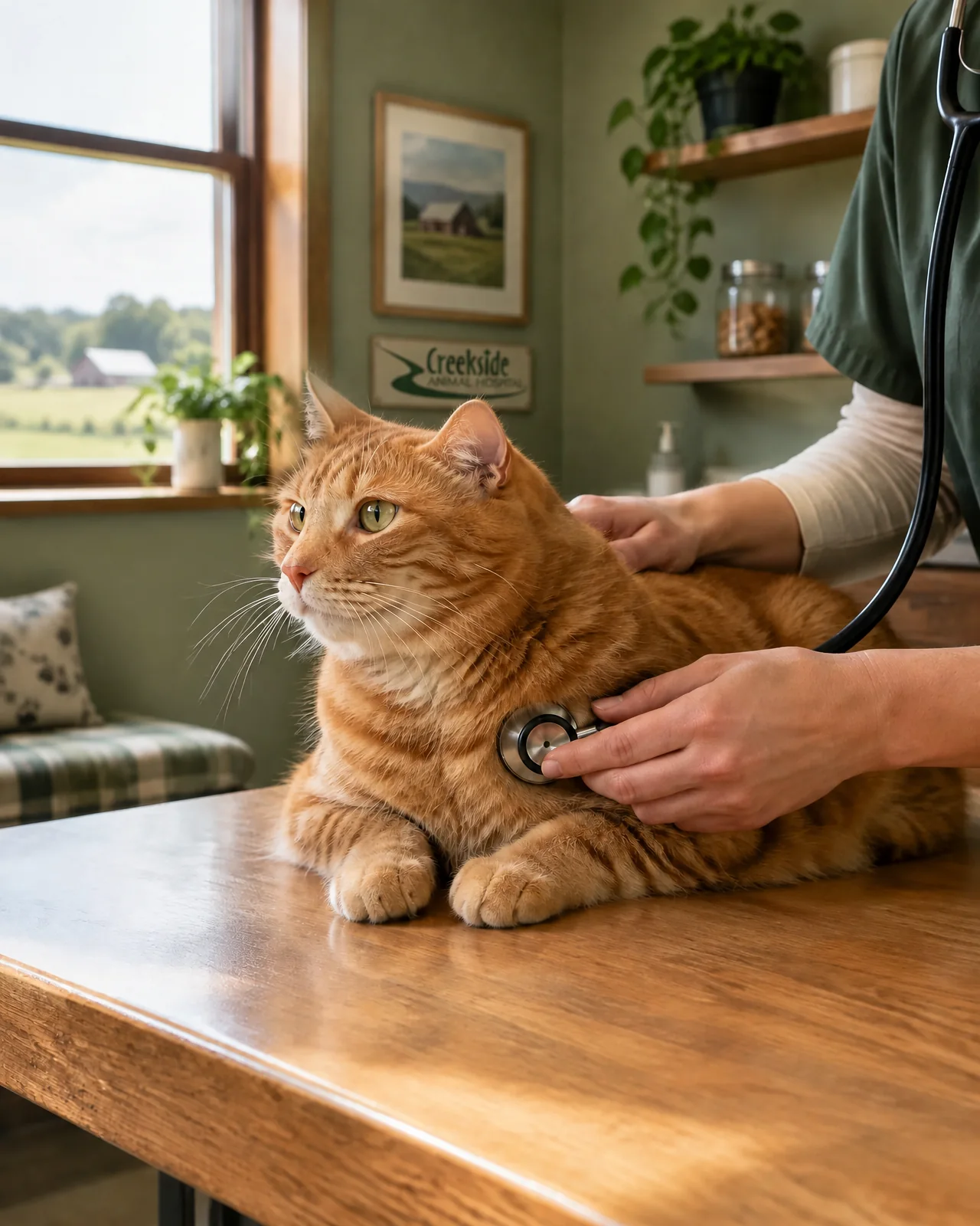 A veterinarian gently listening to a relaxed orange tabby cat's heart