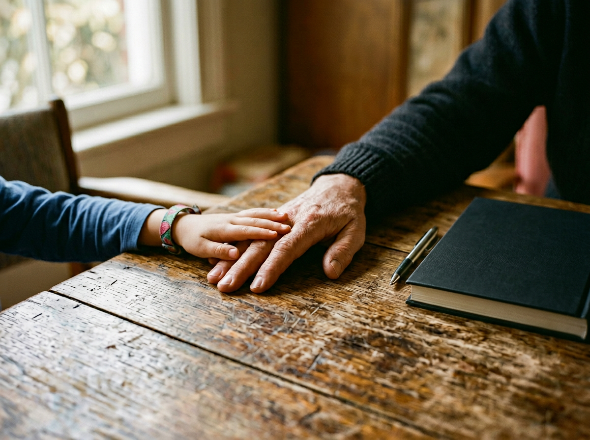 An adult hand resting over a child's hand on a worn wooden table beside a notebook.