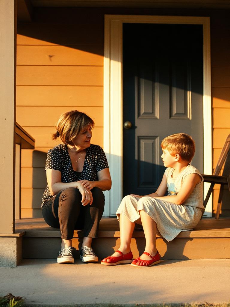 A CASA volunteer sitting on a porch step, listening to a child.