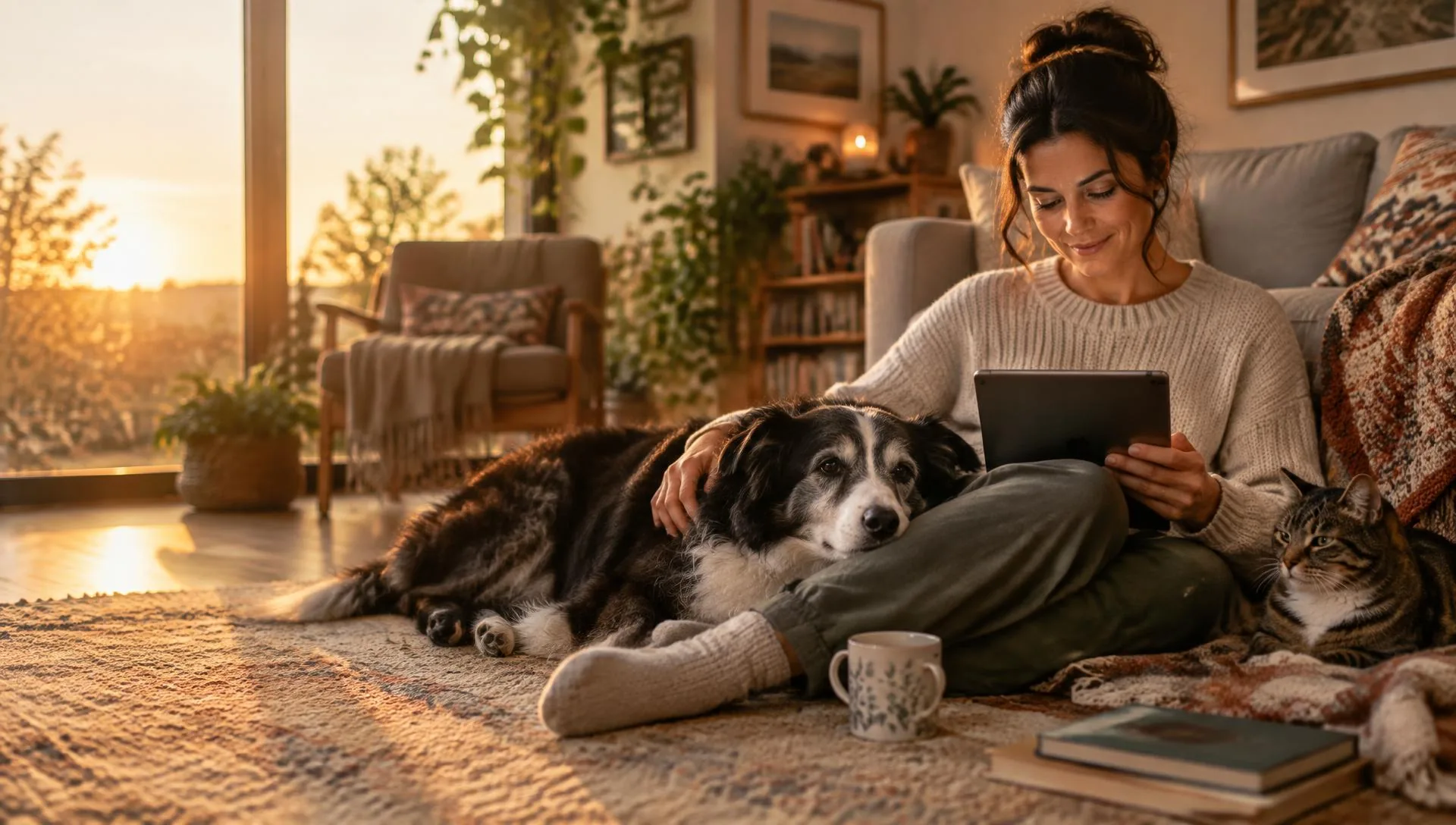 A golden retriever puppy and gray kitten on a cozy blanket