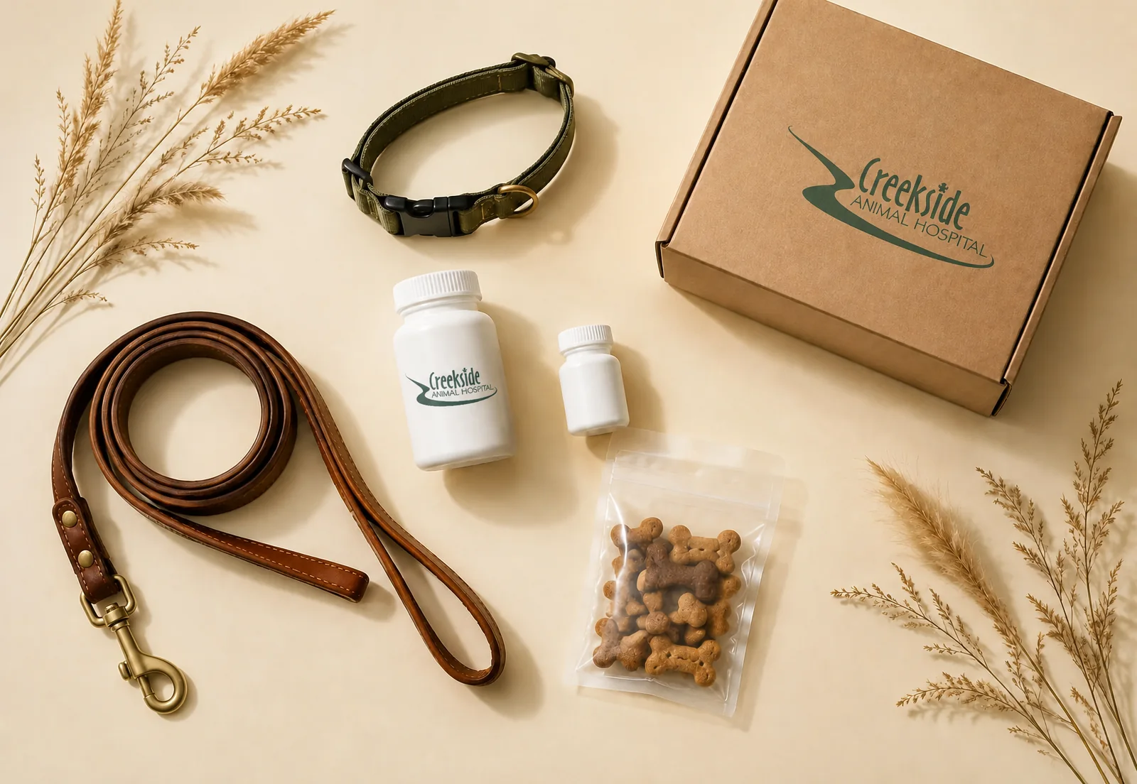 Pet medication bottles, a leather leash, collar and treats beside a delivery box