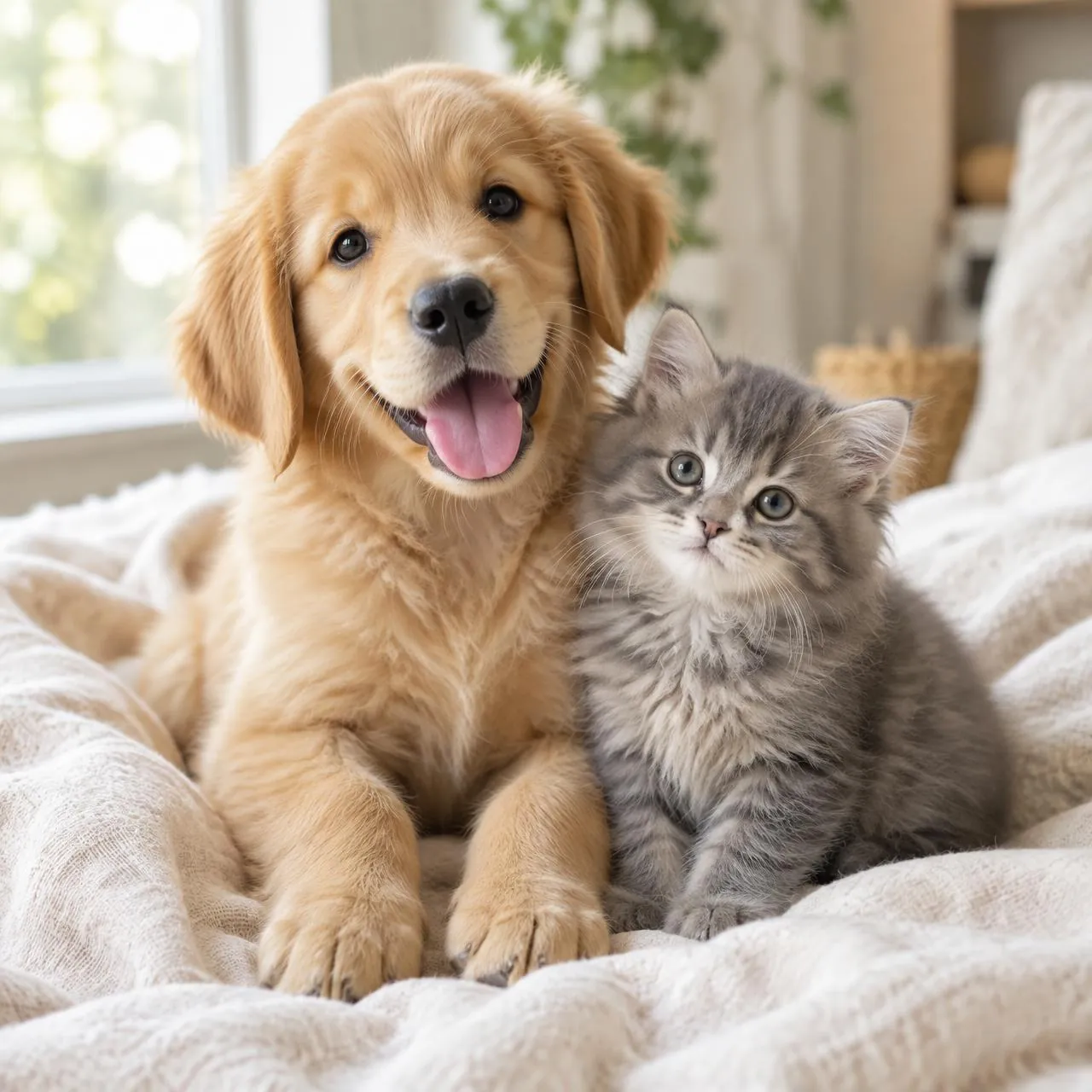 A golden retriever puppy and gray kitten cuddled on a blanket