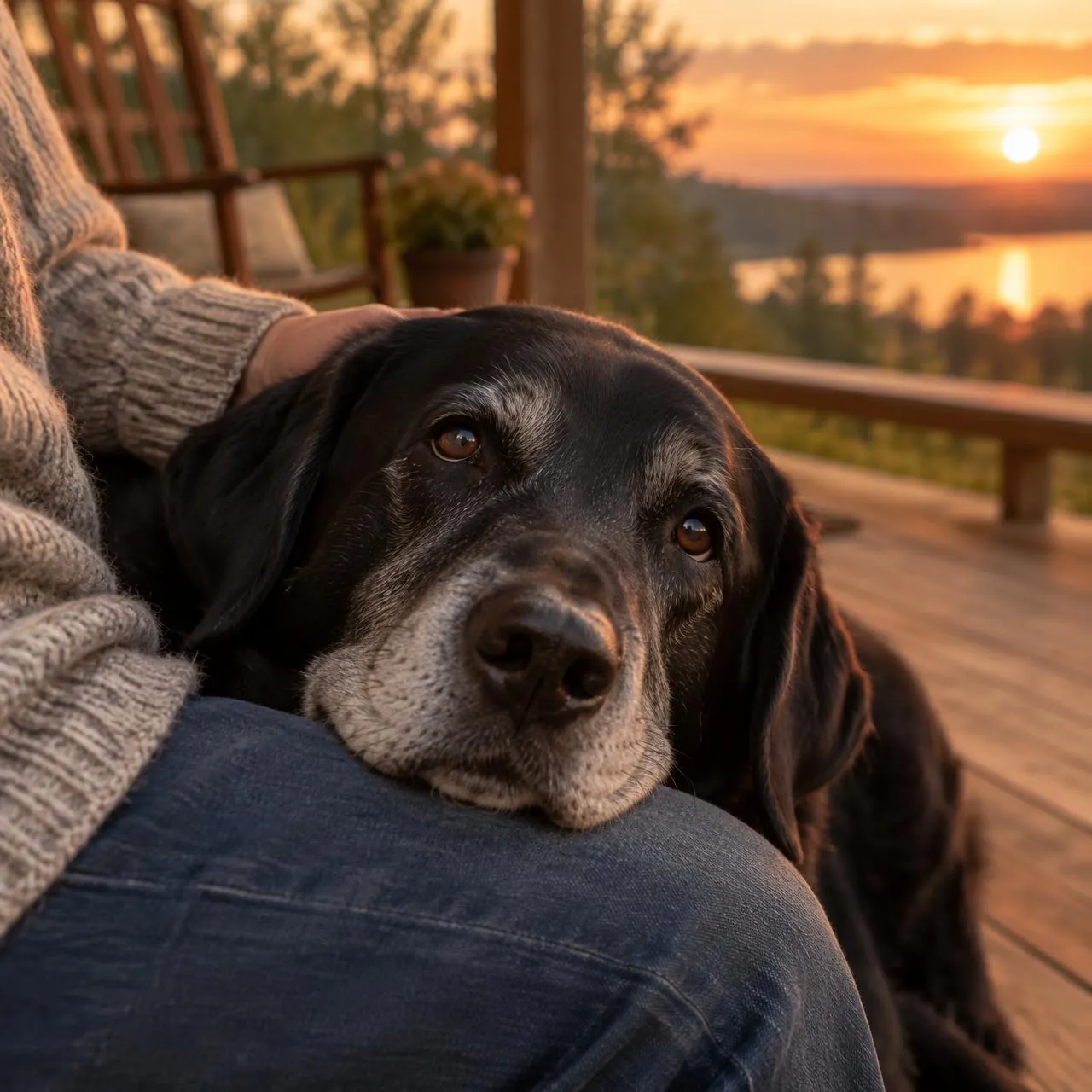 A senior black labrador resting its head on its owner's knee