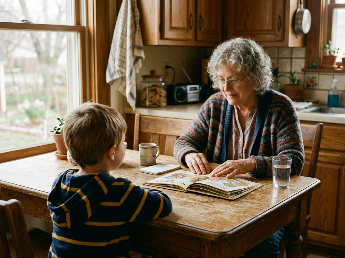 Volunteer reading a picture book with a child at a kitchen table, soft window light.