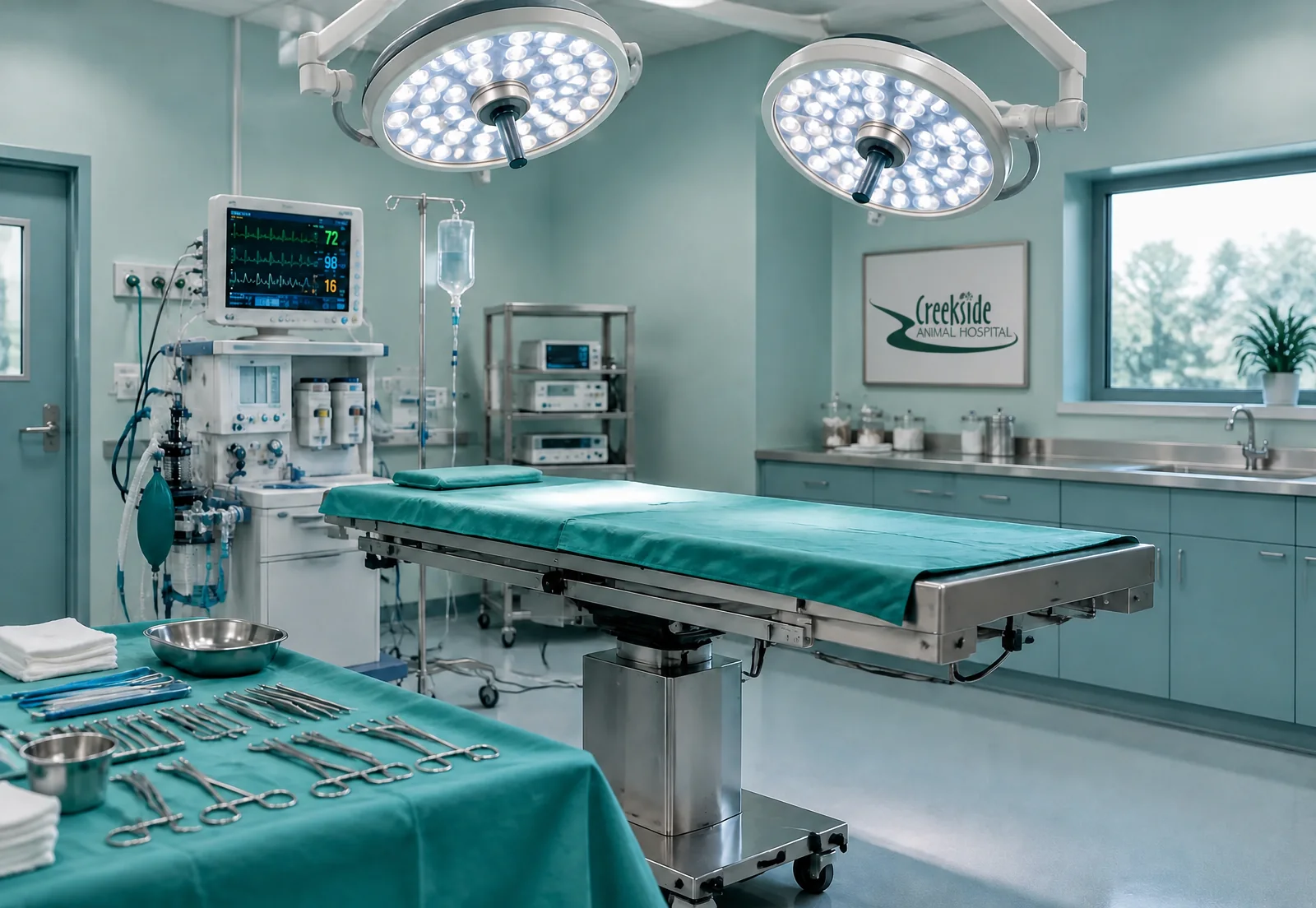 A calm, modern veterinary surgical suite with patient monitoring