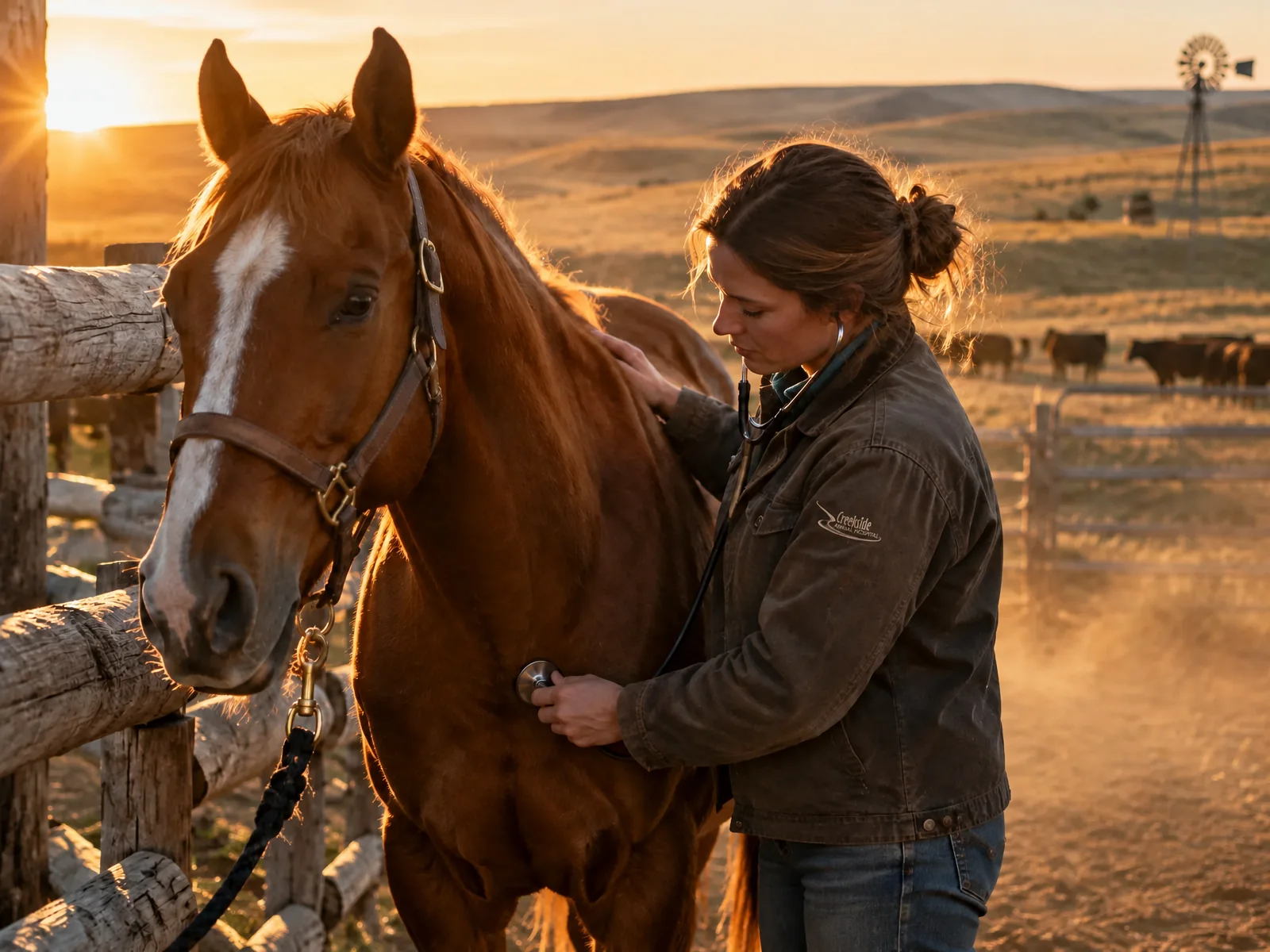 A veterinarian listening to a chestnut horse's heart beside a ranch corral at sunset